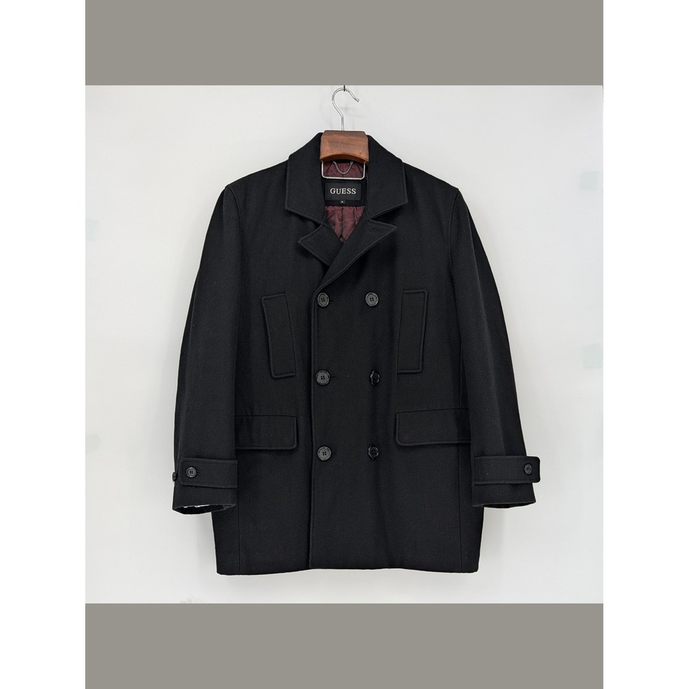 Guess Black Wool Blend Pea Coat XL Double Breasted Quilted Lined Classic